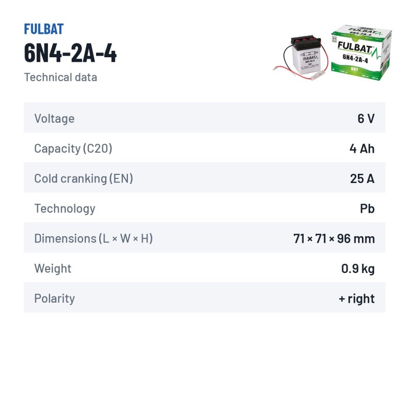 Bateria de mota Fulbat 6N4-2A-4 6V 4.2Ah 25A – ficha técnica