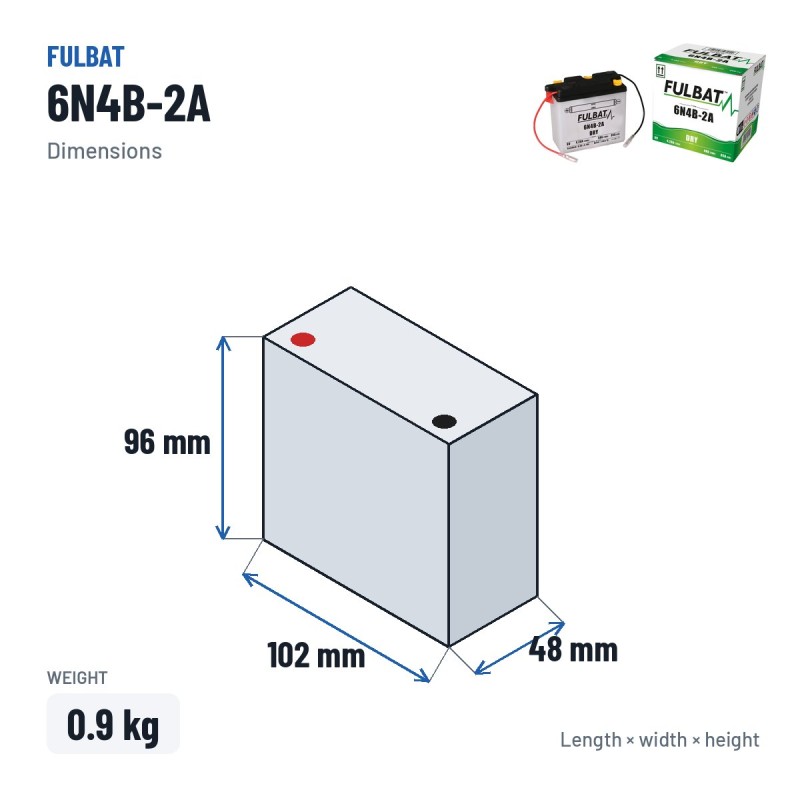 Batería de moto Fulbat 6N4B-2A 6V 4.2Ah 35A – medidas 102 × 48 × 96 mm
