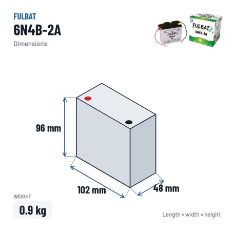Batería de moto Fulbat 6N4B-2A 6V 4.2Ah 35A – medidas 102 × 48 × 96 mm