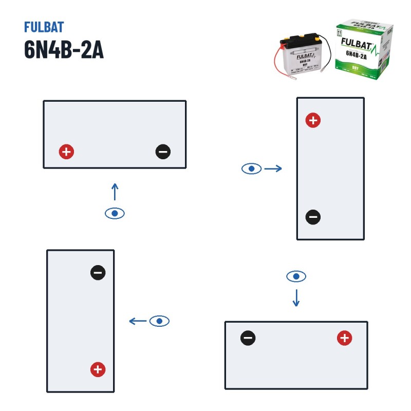 Batteria moto Fulbat 6N4B-2A 6V 4.2Ah 35A – polarità (schema 1, + a sinistra)