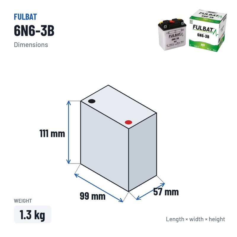 Batteria moto Fulbat 6N6-3B 6V 6.3Ah 50A – dimensioni 99 × 57 × 111 mm