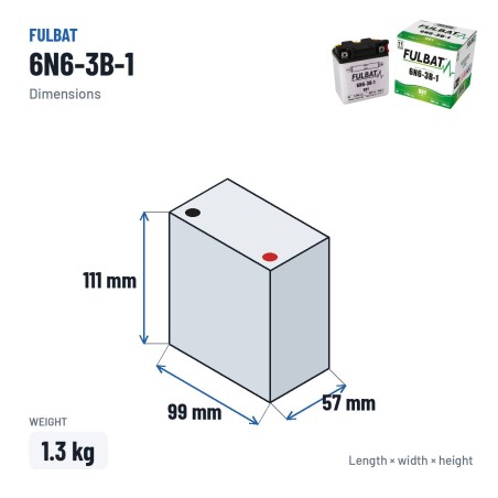 Bateria de mota Fulbat 6N6-3B-1 6V 6.3Ah 50A – medidas 99 × 57 × 111 mm
