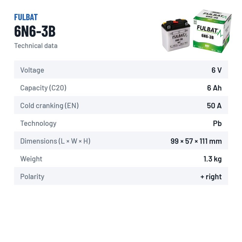 Batterie moto Fulbat 6N6-3B 6V 6.3Ah 50A – fiche technique