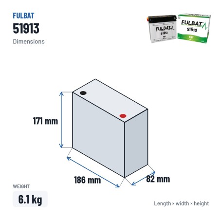 Motorradbatterie Fulbat 51913 12V 19Ah 210A – Abmessungen 186 × 82 × 171 mm