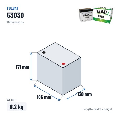 Batterie moto Fulbat 53030 12V 30Ah 300A – dimensions 186 × 130 × 171 mm