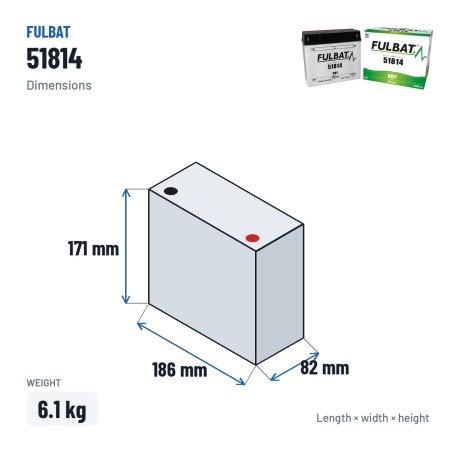 Motorradbatterie Fulbat 51814 12V 18Ah 210A – Abmessungen 186 × 82 × 171 mm