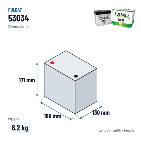 Batterie moto Fulbat 53034 12V 30Ah 300A – dimensions 186 × 130 × 171 mm
