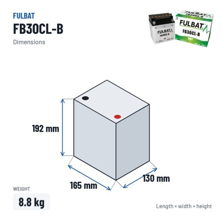 Motorradbatterie Fulbat FB30CL-B 12V 31.6Ah 300A – Abmessungen 165 × 130 × 192 mm