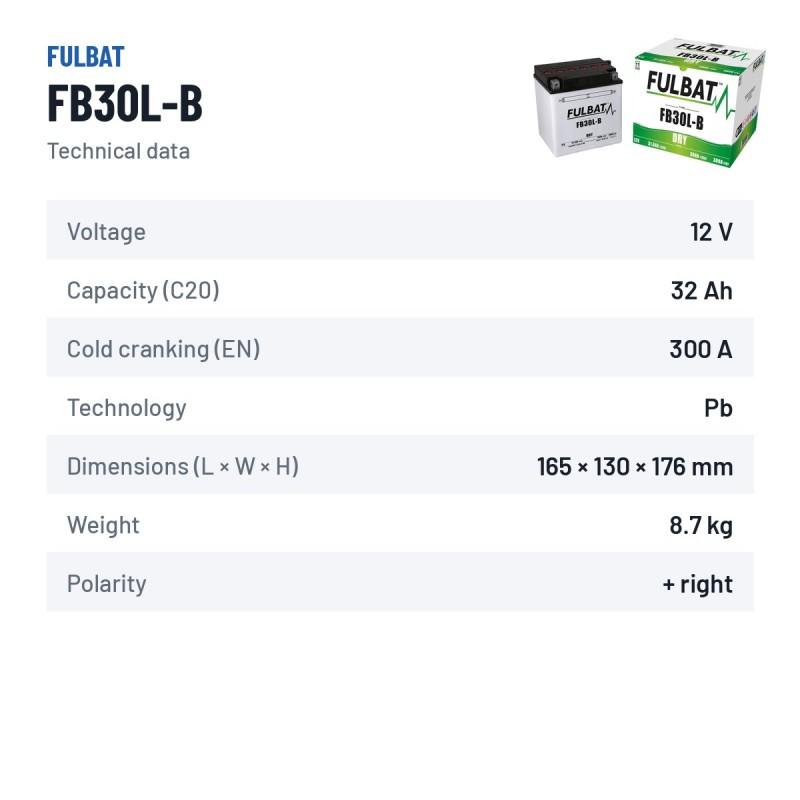 Motorcycle battery Fulbat FB30L-B 12V 31.6Ah 300A – technical data