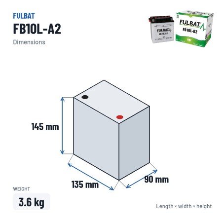 Batería de moto Fulbat FB10L-A2 12V 11.6Ah 130A – medidas 135 × 90 × 145 mm