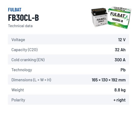 Batteria moto Fulbat FB30CL-B 12V 31.6Ah 300A – scheda tecnica