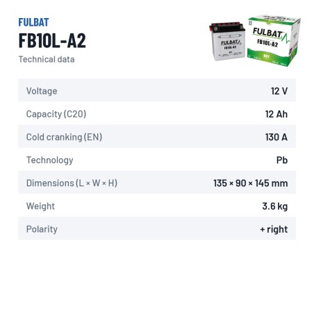 Motorcycle battery Fulbat FB10L-A2 12V 11.6Ah 130A – technical data