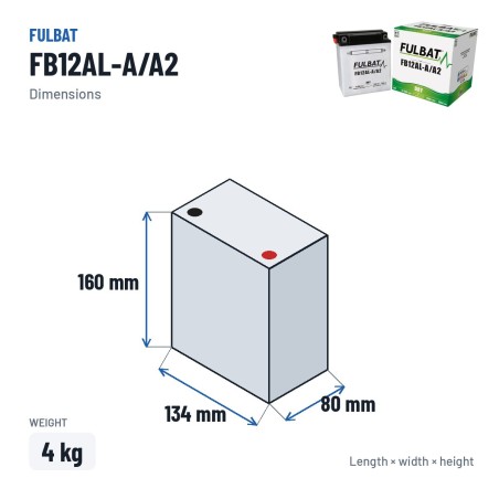 Batterie moto Fulbat FB12AL-A/A2 12V 12.6Ah 155A – dimensions 134 × 80 × 160 mm