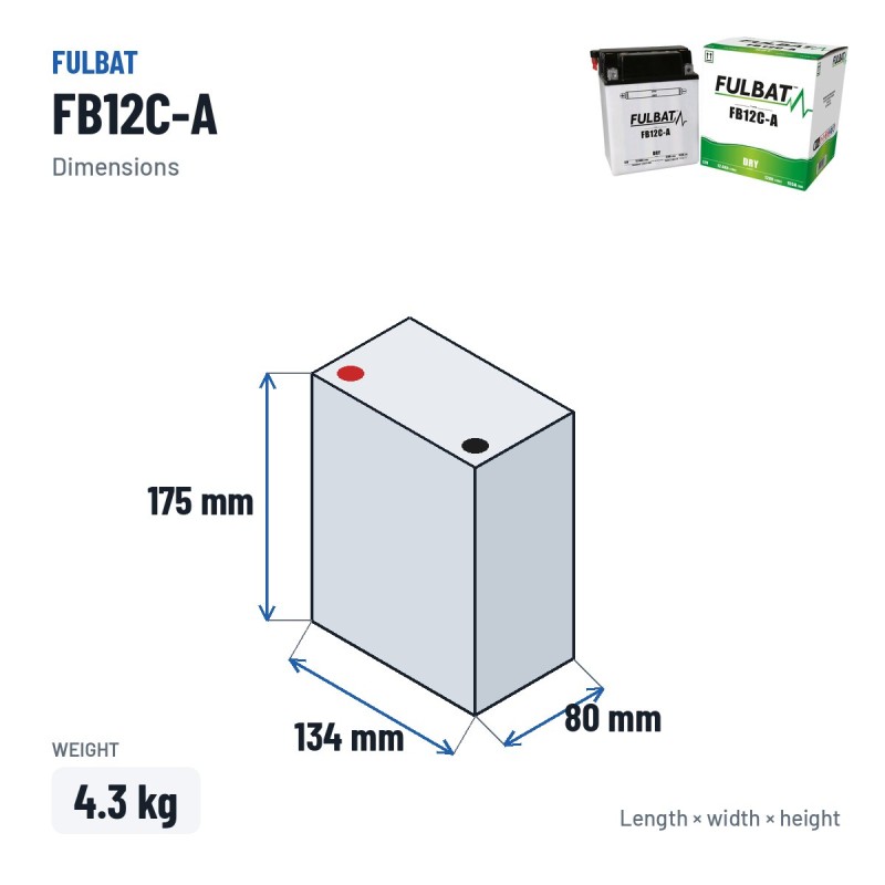 Batería de moto Fulbat FB12C-A 12V 12.6Ah 155A – medidas 134 × 80 × 175 mm
