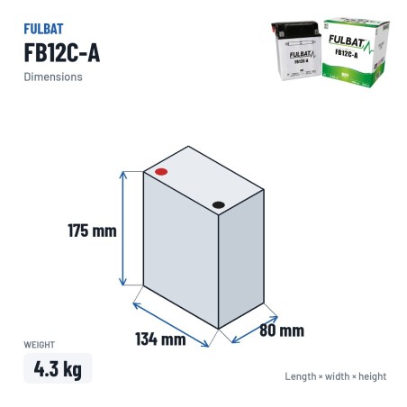Batterie moto Fulbat FB12C-A 12V 12.6Ah 155A – dimensions 134 × 80 × 175 mm