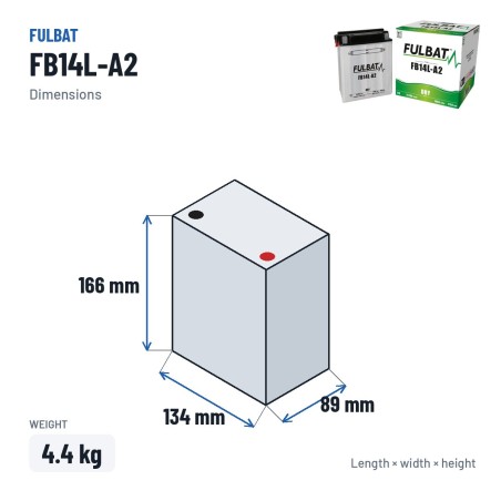 Batterie moto Fulbat FB14L-A2 12V 14.7Ah 175A – dimensions 134 × 89 × 166 mm