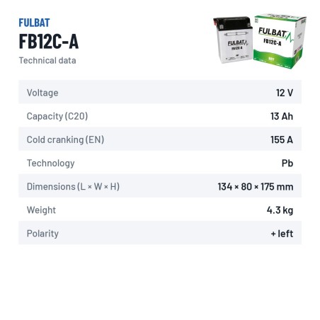 Batería de moto Fulbat FB12C-A 12V 12.6Ah 155A – ficha técnica