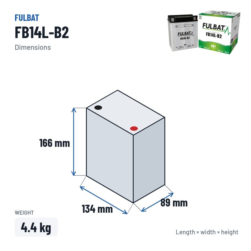 Motorcycle battery Fulbat FB14L-B2 12V 14.7Ah 175A – dimensions 134 × 89 × 166 mm