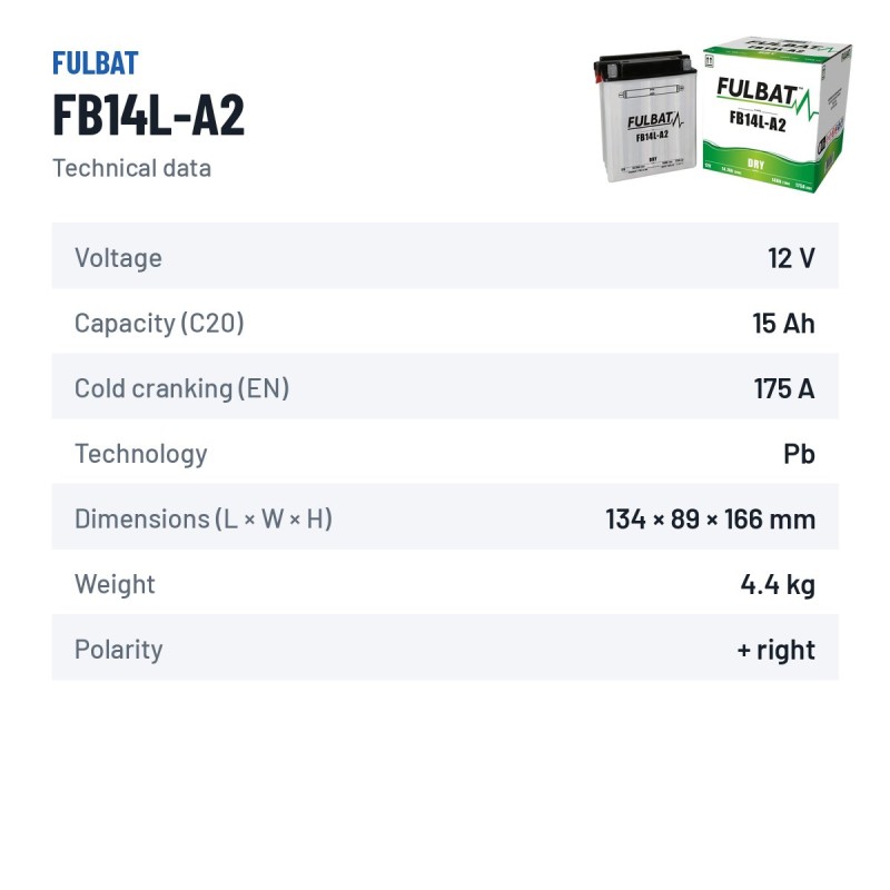 Batterie moto Fulbat FB14L-A2 12V 14.7Ah 175A – fiche technique