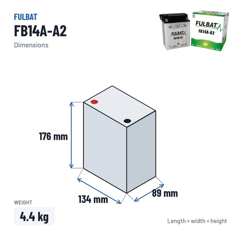 Batterie moto Fulbat FB14A-A2 12V 14.7Ah 175A – dimensions 134 × 89 × 176 mm