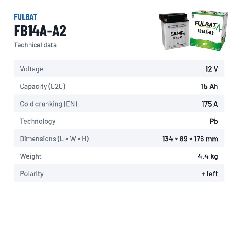 Batterie moto Fulbat FB14A-A2 12V 14.7Ah 175A – fiche technique