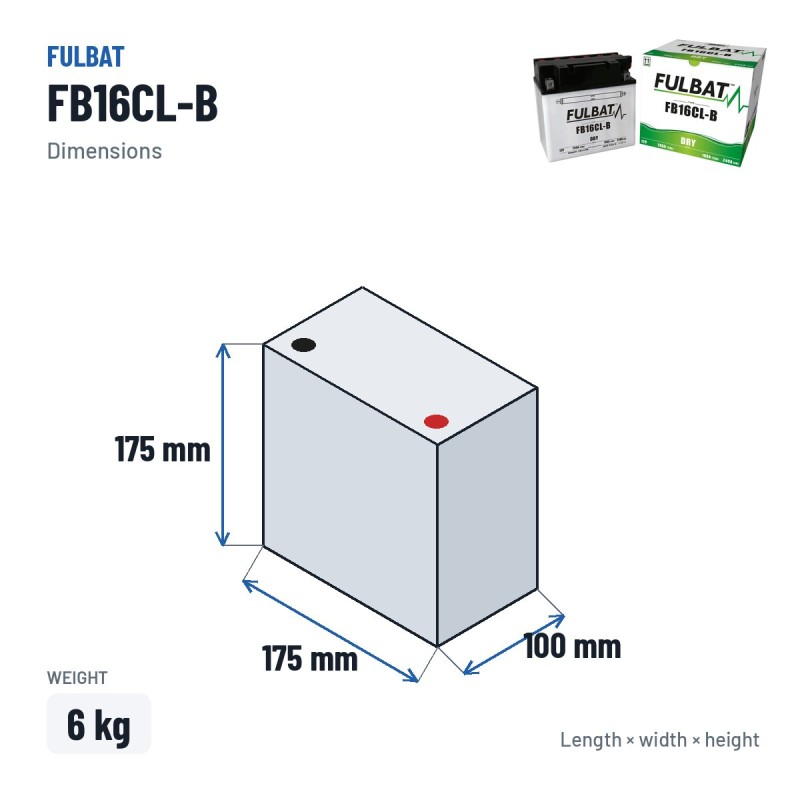 Bateria de mota Fulbat FB16CL-B 12V 20Ah 240A – medidas 175 × 100 × 175 mm