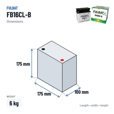 Batteria moto Fulbat FB16CL-B 12V 20Ah 240A – dimensioni 175 × 100 × 175 mm
