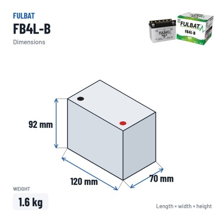 Batterie moto Fulbat FB4L-B 12V 4.2Ah 56A – dimensions 120 × 70 × 92 mm