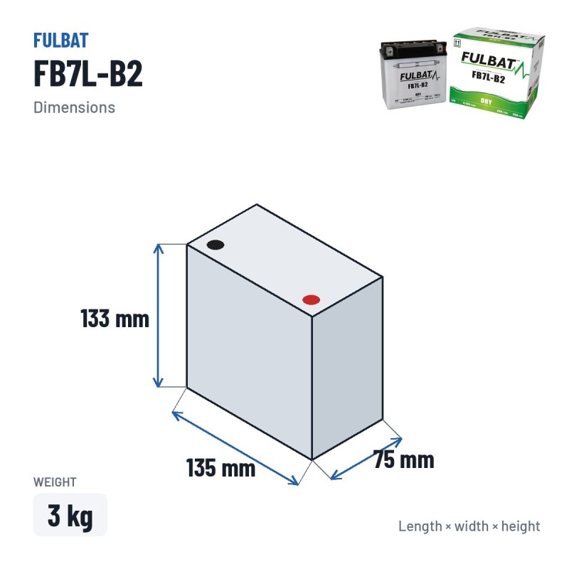 Motorradbatterie Fulbat FB7L-B2 12V 8.4Ah 85A – Abmessungen 135 × 75 × 133 mm
