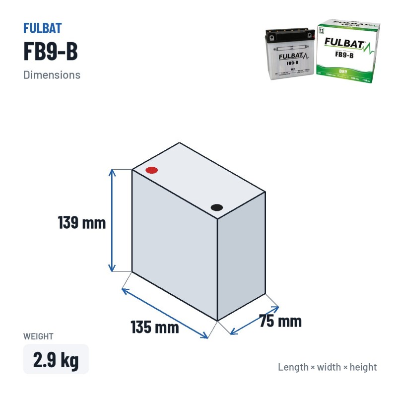 Batteria moto Fulbat FB9-B 12V 9.5Ah 115A – dimensioni 135 × 75 × 139 mm