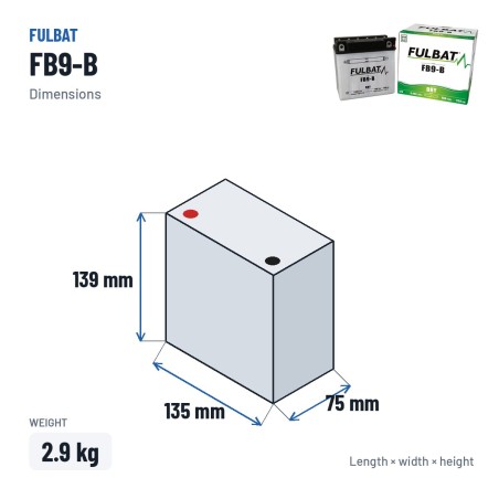 Batteria moto Fulbat FB9-B 12V 9.5Ah 115A – dimensioni 135 × 75 × 139 mm