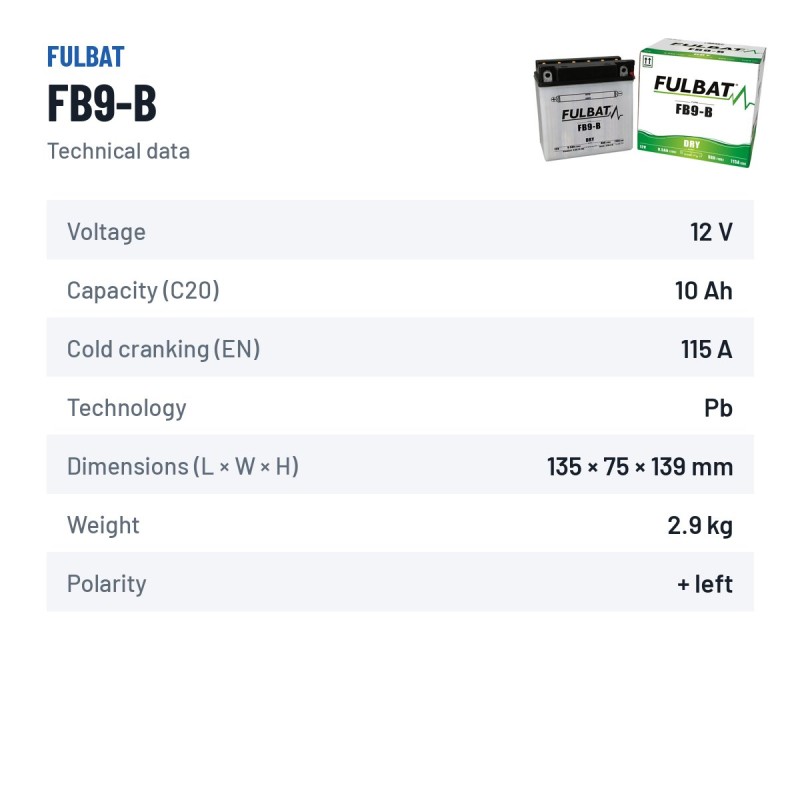 Batteria moto Fulbat FB9-B 12V 9.5Ah 115A – scheda tecnica