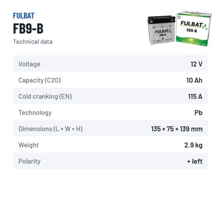 Batería de moto Fulbat FB9-B 12V 9.5Ah 115A – ficha técnica