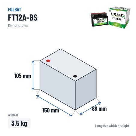 Batterie moto Fulbat FT12A-BS 12V 10.5Ah 175A AGM – dimensions 150 × 88 × 105 mm