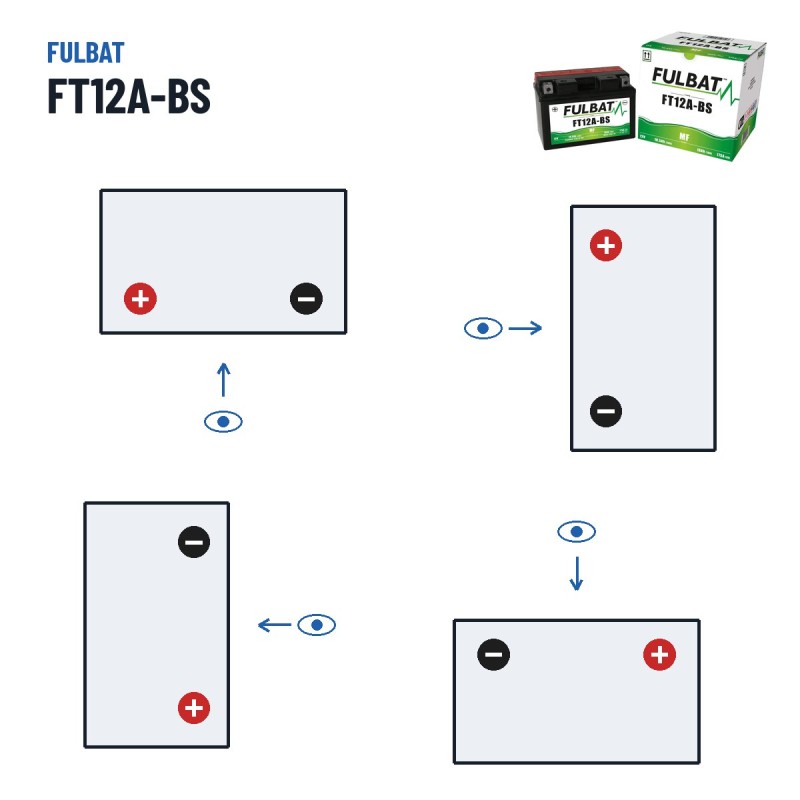 Batterie moto Fulbat FT12A-BS 12V 10.5Ah 175A AGM – polarité (schéma 1, + à gauche)