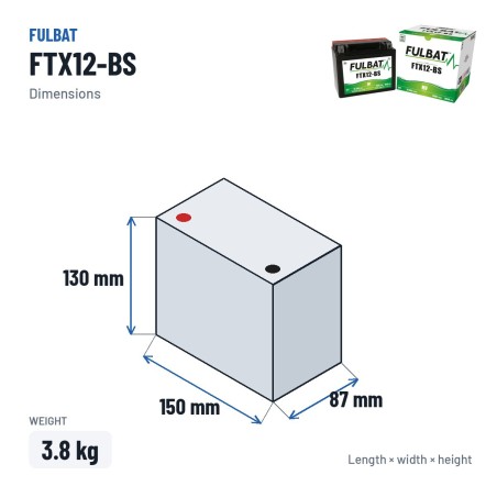 Batteria moto Fulbat FTX12-BS 12V 10.5Ah 180A AGM – dimensioni 150 × 87 × 130 mm