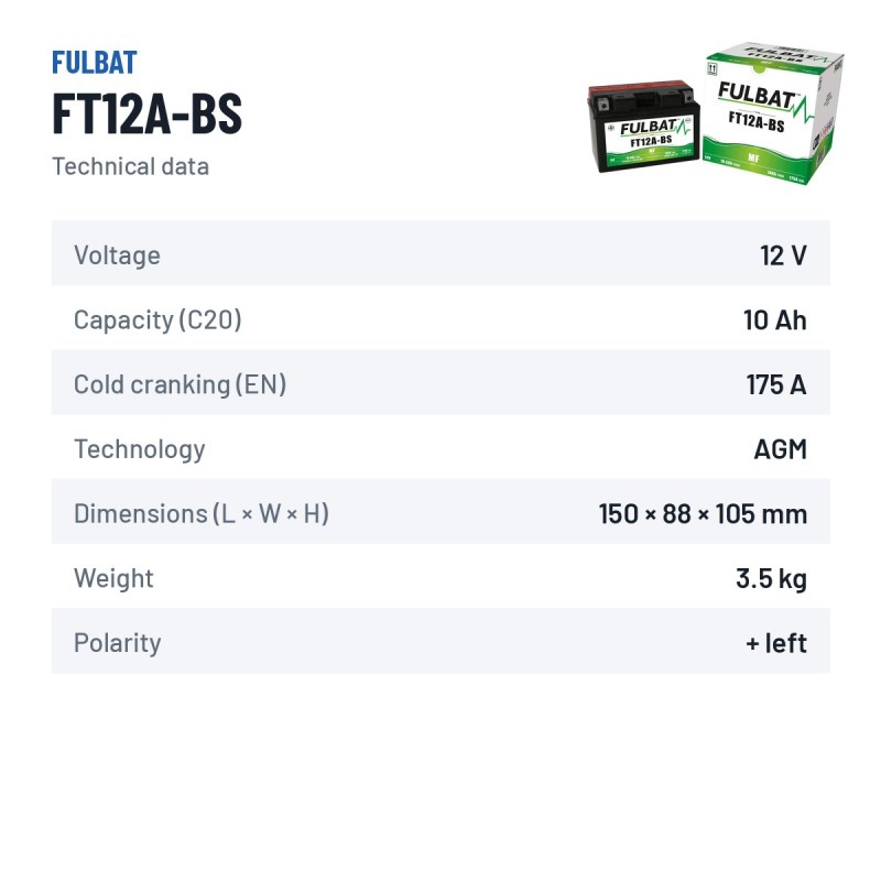 Batterie moto Fulbat FT12A-BS 12V 10.5Ah 175A AGM – fiche technique