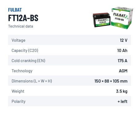 Batterie moto Fulbat FT12A-BS 12V 10.5Ah 175A AGM – fiche technique