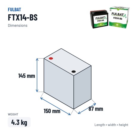 Motorradbatterie Fulbat FTX14-BS 12V 12.6Ah 200A AGM – Abmessungen 150 × 87 × 145 mm
