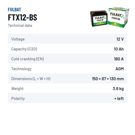 Batería de moto Fulbat FTX12-BS 12V 10.5Ah 180A AGM – ficha técnica