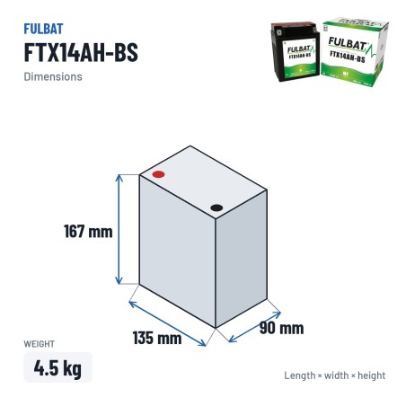 Batterie moto Fulbat FTX14AH-BS 12V 12.6Ah 210A AGM – dimensions 135 × 90 × 167 mm