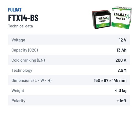 Batería de moto Fulbat FTX14-BS 12V 12.6Ah 200A AGM – ficha técnica