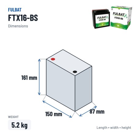 Batterie moto Fulbat FTX16-BS 12V 14.7Ah 230A AGM – dimensions 150 × 87 × 161 mm