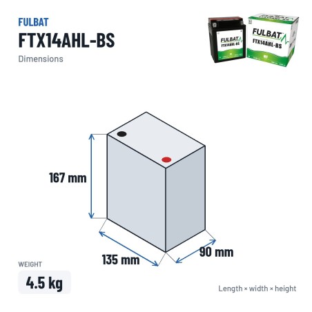 Motorcycle battery Fulbat FTX14AHL-BS 12V 12.6Ah 210A AGM – dimensions 135 × 90 × 167 mm