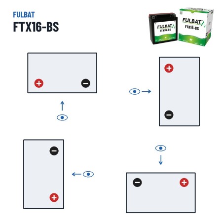 Bateria de mota Fulbat FTX16-BS 12V 14.7Ah 230A AGM – polaridade (esquema 1, + esquerda)