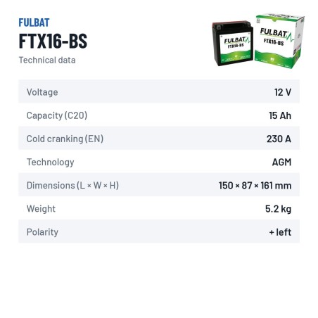 Batterie moto Fulbat FTX16-BS 12V 14.7Ah 230A AGM – fiche technique