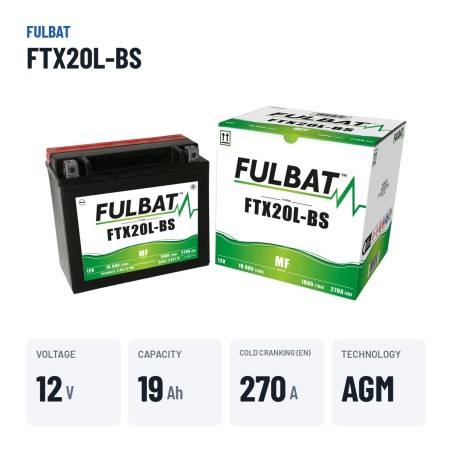 Bateria de mota Fulbat FTX20L-BS 12V 18.9Ah 270A AGM – dados principais