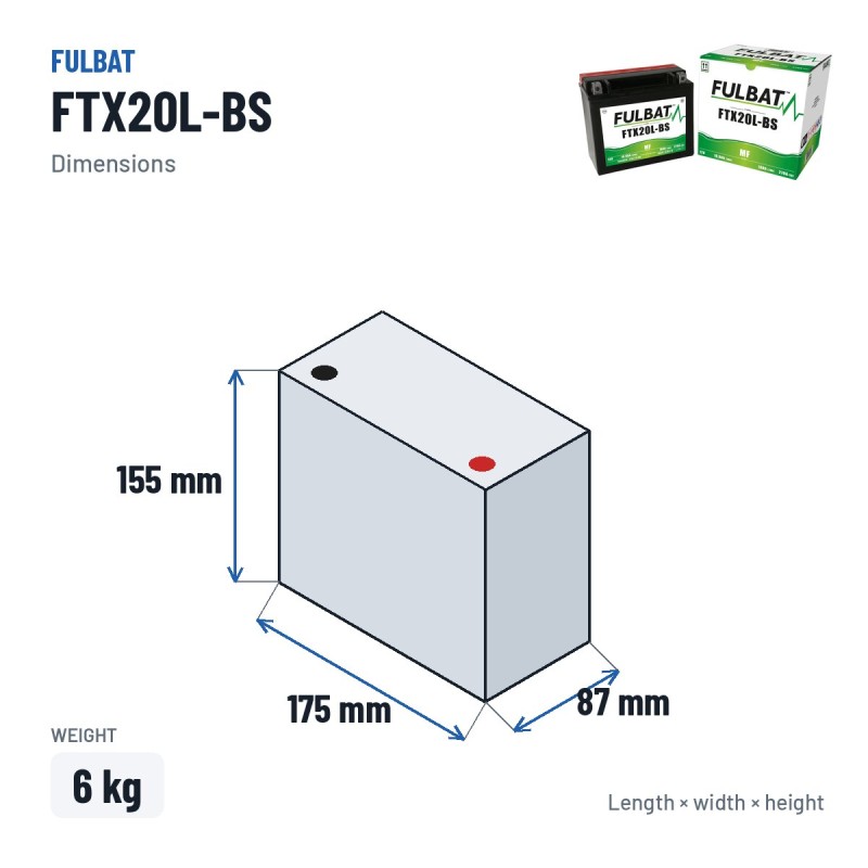 Bateria de mota Fulbat FTX20L-BS 12V 18.9Ah 270A AGM – medidas 175 × 87 × 155 mm