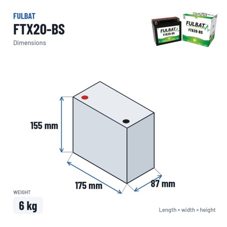 Batería de moto Fulbat FTX20-BS 12V 18.9Ah 270A AGM – medidas 175 × 87 × 155 mm