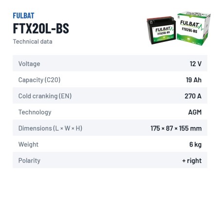 Bateria de mota Fulbat FTX20L-BS 12V 18.9Ah 270A AGM – ficha técnica